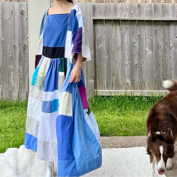 Handmade Quilted Patchwork Colorblock Dress SKU 06046 Blue Mixed - Picture 6 of 10